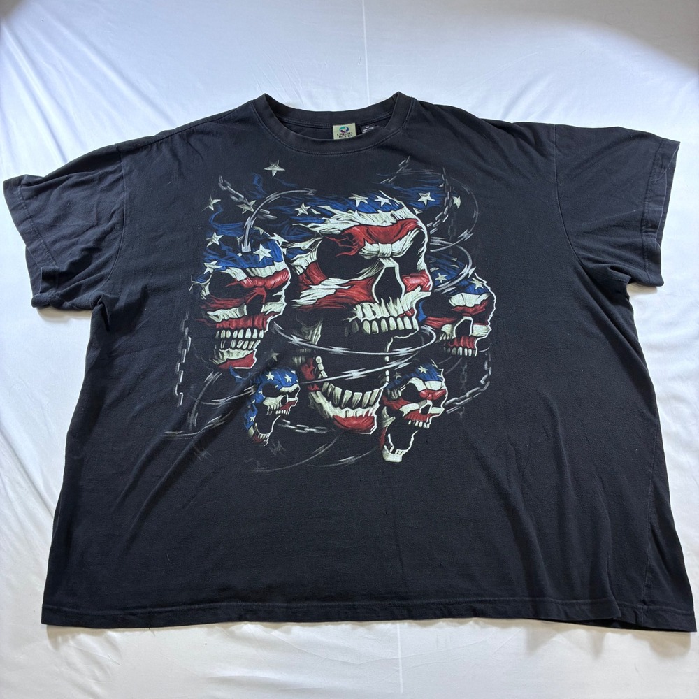 VTG Liquid Blue American Flag Skulls Barbed Wire Black T-Shirt Mens 4X